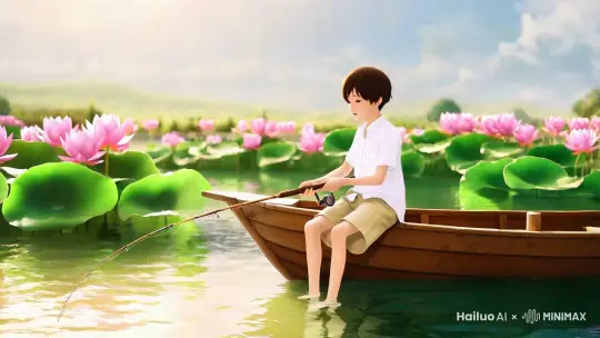 新海诚动画风格，画面里有位穿着白衬衫短裤的小男孩戴着草帽坐在一条破旧木船上钓鱼，水面都莲花和莲叶，夏天，人物开心表情，欢快氛围 by Hailuo AI Video Generator