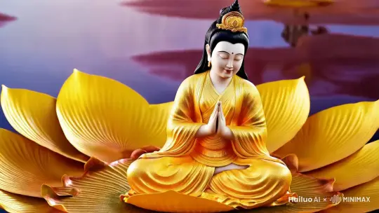 超写实风格塑造出一幅神圣而宁静的画面，观音菩萨端庄地坐在一朵璀璨绚烂的金莲花上，身姿优雅，仪态万方。菩萨双目微闭，面容祥和，双手合十，静静地进行着祈祷。金莲花瓣层层叠叠，细腻而逼真，散发着熠熠光辉。周围的氛围静谧而祥和，仿佛时间都已静止。8K 超高清画质将观音菩萨的每一个细微神态、金莲花的精致纹理都清晰展现，让人沉浸在这充满禅意和慈悲的美妙情境之中。 by Hailuo AI Video Generator