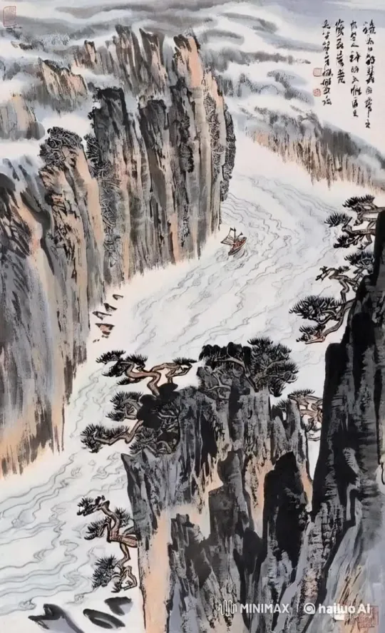 朝辞白帝彩云间，
千里江陵一日还。
两岸猿声啼不住，
轻舟已过万重山。 by Hailuo AI Video Generator