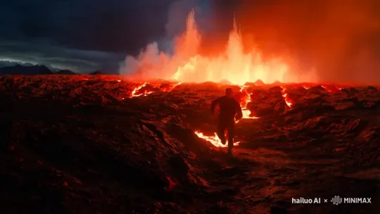 在一座活火山的边缘，熔岩喷发，主角在炙热的火焰和沸腾的火山灰中狂奔。镜头从熔岩流的地面视角跟随主人公，捕捉到熔岩在他身后猛烈喷射的瞬间。然后，镜头拉升到高空，展现整个火山喷发时的惊人威力。 by Hailuo AI Video Generator