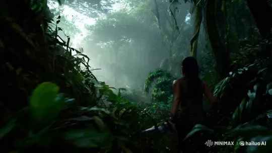 镜头穿过茂密的丛林深处,薄雾笼罩着整个场景,树影在雾中扭曲变形。一位女探险家挥舞着一把古老的短剑,小心翼翼地穿梭在藤蔓之间。镜头从她的肩后滑过,捕捉到她锐利的目光和敏捷的动作。她推开挡路的枝叶,露出一座隐藏在丛林深处的废弃寺庙,镜头缓缓上移,露出寺庙的全貌和她的身影。随着她一步步靠近,镜头推近她的背部,女人身上的汗水不断流下。 by Hailuo AI Video Generator
