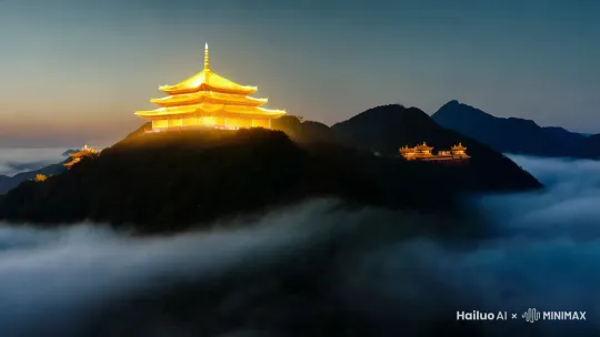 天还没有亮，十万里大荒一片昏暗，但阳光却已经照耀在剑门山之上，只见这座奇山半山腰处云霭袅袅，祥云漂浮，阳光先落在山头金顶之处。
金顶琉璃大殿迸发出金光万道，照耀云海，极为夺目。而在云海环绕的群山之间，一座座宏伟古朴的大殿如同漂浮在云海之上，神圣肃穆而又庄严。 by Hailuo AI Video Generator