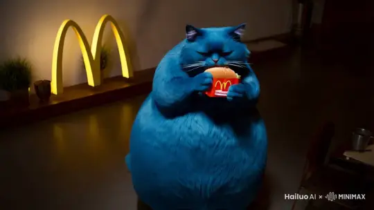 一个非常非常非常胖的蓝色猫在吃麦当劳 by Hailuo AI Video Generator