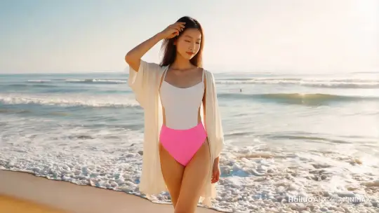 中国女孩在"捕捉海滩上的夏日风光，阳光明媚，海浪轻拍着沙滩。展示清新的白色泳装与粉色比基尼，搭配轻盈的白色开衫，随风轻轻飘动。记录自然的姿态，一只手轻抚着头发，另一只手自然下垂，展现出轻松愉悦的夏日氛围。利用阳光的照耀，增强画面的温暖感，模拟海风轻拂过发丝和衣物的效果。采用清新明亮的色彩调色板，为视频增添活力。在动态背景中，加入海浪轻轻拍打沙滩的画面，以及轻松愉快的背景音乐，与夏日海滩的氛围完美融合。"9 ：16视频

 by Hailuo AI Video Generator