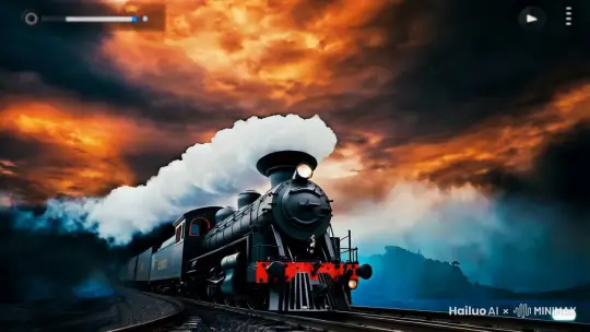This image appears to be a screenshot from a video, possibly a music video or a promotional video for a game or movie. It features a dramatic and surreal scene with a large, steam-powered locomotive at the center, surrounded by a cloudy sky with fiery clouds and a dark, ominous sky in the background. The train is emitting a large amount of smoke, which adds to the dramatic and intense atmosphere of the image. The overall aesthetic is quite cinematic and could be associated with a science fiction or fantasy theme. The video player interface elements, such as the play button and the progress bar, suggest that this is a paused video. by Hailuo AI Video Generator