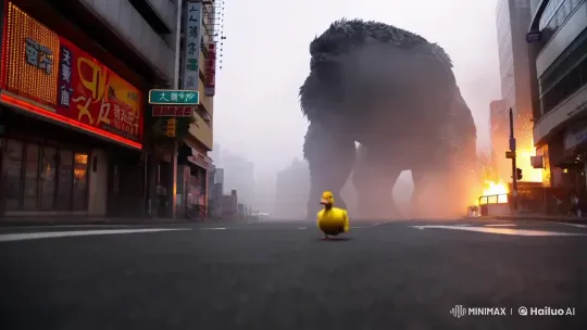 雾蒙蒙的东京街头，一个巨大的怪兽影子在雾中若隐若现。突然，一只小黄鸭从雾中蹒跚而出，形成了可爱的对比。背景中，爆炸和火焰喷涌而出，烘托出戏剧性的气氛。该场景以逼真的电影风格呈现，展示了高清细节，突出了气势磅礴的黑影和迷人的小鸭子之间的鲜明对比。 by Hailuo AI Video Generator