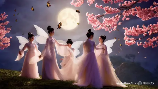 中国七仙女月下沐浴戏水 桃花飞舞 蝴蝶闻香来 by Hailuo AI Video Generator