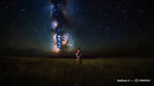 在浩瀚无垠的星空中,繁星闪烁如璀璨宝石,8K 超高清画质细腻地呈现出每一颗星星的光芒。镜头运用长焦拍摄,焦点精准地落在银河边草地上的牛郎身上。牛郎身着朴素的古装,头发整齐束起,手持长笛,神情专注地吹奏着。他身姿挺拔,在星光的映照下,轮廓清晰而柔和。身后是广袤深邃的星空,银河如同一条闪耀的丝带横跨天际。微风轻轻拂过草地,草叶微微摇曳,营造出宁静而美好的氛围。 by Hailuo AI Video Generator
