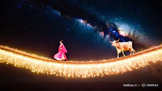 在浩瀚无垠的宇宙中,以超大远景拍摄,璀璨的银河如同一条流动的光带横贯天际。丁达尔效应使得银河中的光线如梦幻般交织,照亮了整个宇宙空间。一座神秘的鹊桥在银河之上若隐若现,仿佛是连接两个世界的桥梁。
身着粉色汉服的织女身姿婀娜,衣袂随风飘动,她从鹊桥的一端款款走来,每一步都轻盈而优雅。另一边,牛郎步伐坚定有力,目光始终凝视着前方的织女。
周围的星辰闪烁,仿佛在为他们祝福。整个画面以 8K 超高清画质呈现,每一个细节都清晰可见,充满了神圣而浪漫的氛围,让人仿佛置身于这梦幻般的爱情场景之中。 by Hailuo AI Video Generator