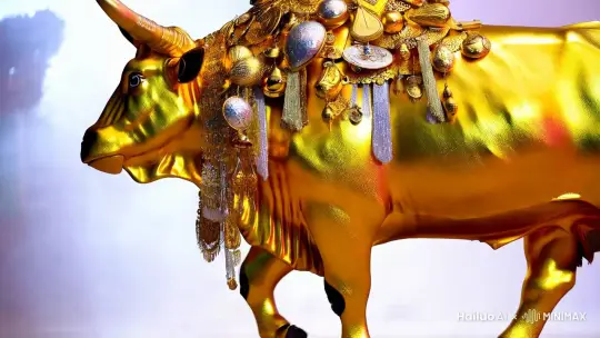 帮我生成一个大金牛，背上背着很多金银财宝，迈着矫健的步伐向我走来 by Hailuo AI Video Generator