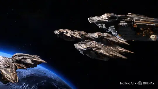 一队巨大的宇宙战舰通过超空间跳跃，出现在蓝色的地球附近。超现实主义摄影，细节丰富，电影风格。 by Hailuo AI Video Generator