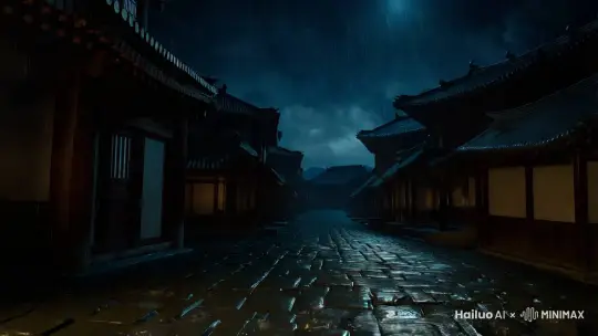 #一开始是固定机位，呈现出下面这幅全景
古代京城幽僻的巷子里两侧皆是人家，却黑漆漆一片毫无灯火。唯有淅淅沥沥的雨点不断落下，清冷月光与稀疏星光竭力穿透雨幕，洒下微弱光亮。
主角张不良登场，他身材魁梧壮硕，身着紧身素衣，凸显利落干练。腰间只有一把横刀，刀柄古朴坚实，刀尚未出鞘但是透露出隐隐杀气。张不良头戴斗笠，大半面容隐匿其下，可周身那股子浓烈的肃杀之气，仿若实质化的冷雾，弥漫开来。
 
雨滴顺着斗笠边缘、衣衫下摆簌簌滚落，张不良稳步向前，落脚坚实有力，溅起石板上的积水。镜头聚焦他的后背，能瞧见雨水洇湿衣衫，勾勒出紧实肌肉轮廓。他突然身形微顿，斗笠轻晃，搭在刀柄上的手瞬间收紧，侧身之际，锐利目光自斗笠下射出，扫向侧边暗处。 
#同时，镜头快速推进，给到面部特写 by Hailuo AI Video Generator