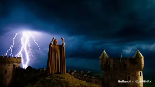 巫师站在城堡之上，一道闪电从空中闪过。巫师双手举过头顶，手紧握拳，对天怒吼。 by Hailuo AI Video Generator