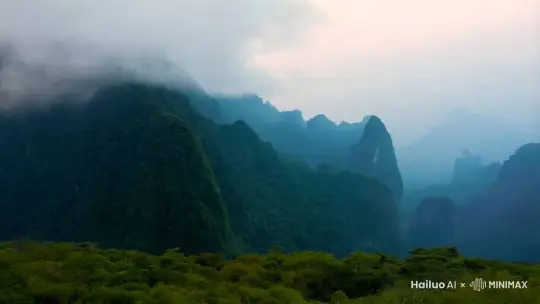 全景推镜头 ，贵州的崇山峻岭间，云雾缭绕，镜头从远处的连绵山峰缓缓推近，聚焦在一片翠绿的山林边缘，微风拂过，树叶轻轻摇曳。 | 贵州山林全景、云雾缭绕、翠绿山林、微风拂叶 ，真实，美丽，细节丰富，场景感强烈，给人一种心旷神怡的感觉，高品质，高分辨率，uhd by Hailuo AI Video Generator
