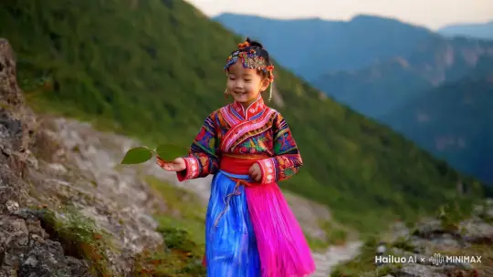 中景平移镜头 | 一位身着苗族传统服饰的少女站在山路上，手中拿着一片树叶，迎着风，发丝与裙摆随风飘动，脸上洋溢着幸福的笑容。 | 苗族少女、山风、飘动的发丝与裙摆、幸福笑容 | by Hailuo AI Video Generator