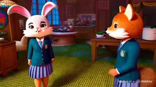 
3d game cg，animal crossing，Animal Crossing。 3d rendering。女人和男人对话， 。女人是兔子头，男人是狸猫头。 校服，西装  拟人化，拟人，cute，可爱，chibi 。兔子点头同意 赞成 赞同，狸猫 摇头拒绝 否认。然后转头看镜头，打手势，摊开双手，尴尬，做饭， 对话。 Animation  Dramatic  Medium shot 。 豪宅 by Hailuo AI Video Generator