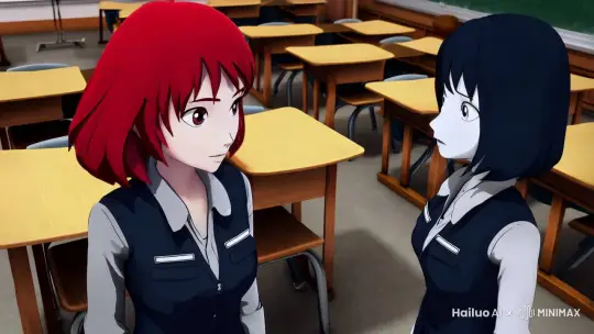 2d动画，2d动漫，。 。对话 ，asuka langley 点头同意 赞成 赞同， ayanami rei 摇头拒绝 否认。然后转头看镜头，打手势，摊开双手，尴尬，互相喂食。 Animation  Dramatic  Medium shot 。教室。动画。 by Hailuo AI Video Generator