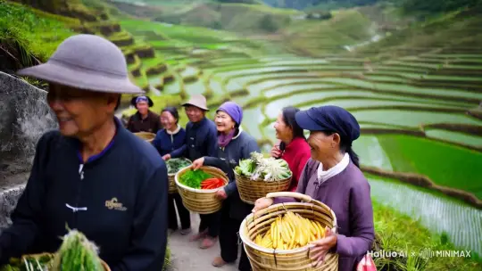  中景仰拍镜头 | 沿着山路向上，切换到几位背着竹篓的布依族村民，他们正有说有笑地走在山风轻拂的小道上，竹篓里装着刚采摘的山货，身后是层层叠叠的梯田在山风中波光粼粼。 | 布依族村民、竹篓、山货、梯田、山风拂过梯田 | by Hailuo AI Video Generator