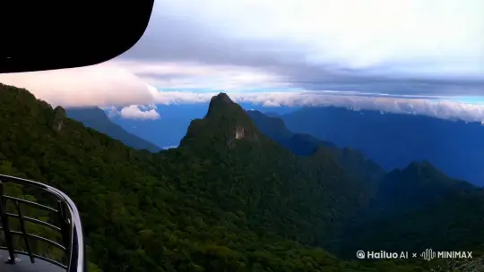 全景环绕镜头 | 来到山顶的观景台，镜头环绕一周，展现四周群山在山风的吹拂下仿佛涌动的绿色波浪，天边的云霞也被风吹得变幻多姿。 | 山顶观景台、群山似浪、山风与云霞 | by Hailuo AI Video Generator
