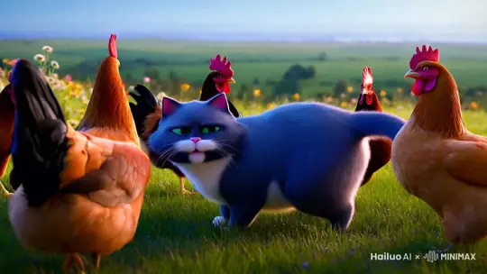 蓝色的胖猫跟一群鸡打架有一堆狗狗出来汪汪叫 by Hailuo AI Video Generator