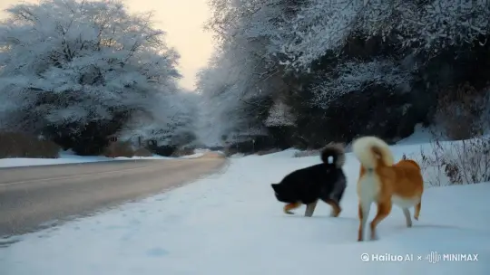 最美的雪景， 一条蜿蜒的大道穿过两颗挂满雪花的相思树。 
两只一黑一黄柴犬，在树下玩耍着。
 一条蜿蜒的大道。 满天地大雪。 by Hailuo AI Video Generator