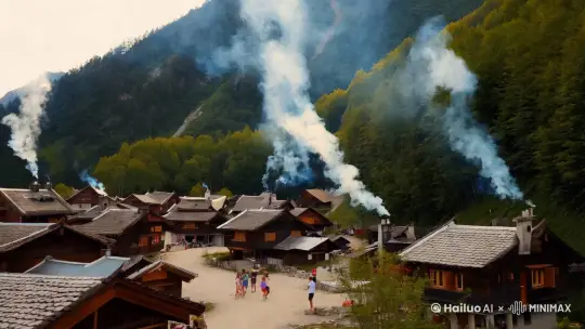  中景俯拍镜头 | 山脚下的村庄里，袅袅炊烟升起，被山风吹得歪歪斜斜，孩子们在院子里追逐嬉戏，笑声随着山风飘散。 | 山脚下村庄、炊烟、山风与炊烟、嬉戏的孩子 | by Hailuo AI Video Generator