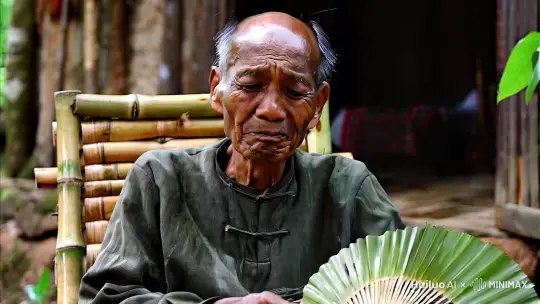 中景推镜头 | 一位老者坐在自家门口的竹椅上，手中拿着蒲扇，眯着眼感受山风的轻抚，脸上满是岁月沉淀后的宁静与安详。 | 老者、竹椅、蒲扇、山风轻抚、宁静神态 | by Hailuo AI Video Generator