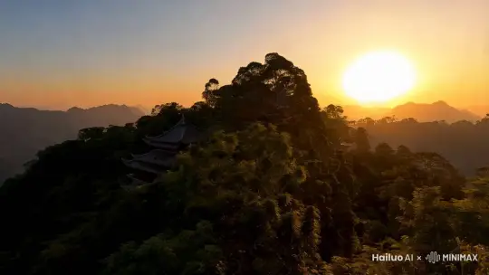 远景拉镜头 | 太阳渐渐西沉，余晖洒在山林间，山风依旧吹拂，整个贵州山居在光影与山风的交织中如诗如画，渐渐淡出画面。 | 夕阳余晖、山林光影、山风、如诗如画山居 | by Hailuo AI Video Generator
