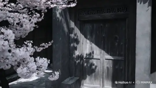 冷灰色调，古老木门缓缓开启，桃花树影朦胧，水墨晕染效果，光线柔和微弱，增加历史感。 by Hailuo AI Video Generator