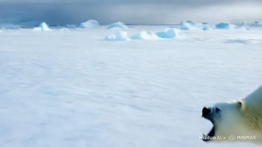 冰天雪地中，一个穿着考究红色西装，穿着西裤，有着金色的达到腰间长发的帅气男人怒吼着朝北极熊冲去，与其角力，那个男人样貌精致美丽，五官深邃，足有190的身高，看上去像个意大利贵公子，画面清晰明亮 by Hailuo AI Video Generator