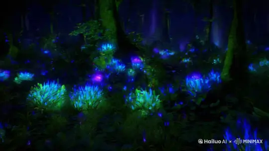A mystical enchanted forest, glowing with bioluminescent plants at night  by Hailuo AI Video Generator