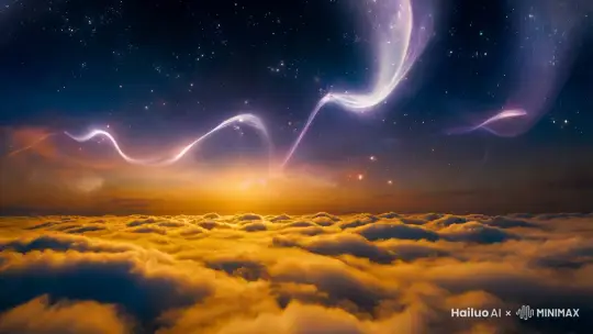 (环绕镜头 + 梦幻仙境光效)+ 绚丽极光(如丝绸般飘舞的光带,点点星芒)+ 云海仙境(层层叠叠的祥云,金霞漫天)+
运镜技法:
3D Camera优雅环绕(Custom Bezier) + 轻盈上升
多层Parallax:极光0.8/星辰0.6/云海0.4
光带使用Wave Warp制作飘逸效果
云层添加Turbulent Noise营造仙气
情感渲染:(从空灵缥缈到仙境飘渺)
最终效果:(极光似飞天仙女彩带,星光点点洒落) by Hailuo AI Video Generator