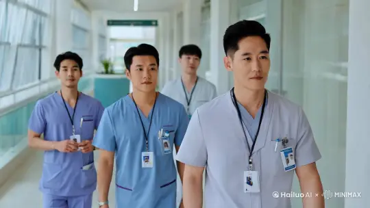 实拍风格，中景，四个亚洲男性医生，走在医院明亮的走廊里 by Hailuo AI Video Generator