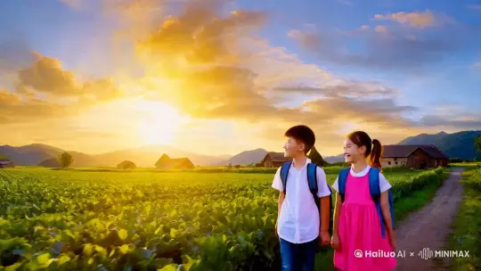 在这广袤的天地间，夕阳宛如一位羞涩的少女，半遮半掩于云朵之后。那层层叠叠的云絮，如同轻柔的面纱，却未能完全阻挡夕阳的热情。万道金光从云缝中迸射而出，似利剑般刺破苍穹，给整个世界镀上了一层辉煌的金色。
 
远处，山峦连绵起伏，山脚下散散落落着几处农家院，那古朴的房屋仿佛是大地的守护者，静谧而又温馨。
 
这时，画面中出现了一个男孩和一个女孩，他们背着书包，欢快的身影在乡间的小路上缓缓移动。男孩身着洁白如雪的简单衬衫，下身是一条深邃如海洋的蓝色牛仔裤，显得干净利落。女孩扎着俏皮的马尾辫，粉色的连衣裙随风轻轻飘动，恰似一朵盛开的桃花，娇美动人。
 
小路旁的田地里，郁郁葱葱的庄稼如同一群绿色的精灵，在微风的轻抚下，欢快地舞动着，泛起层层如碧波荡漾般的绿浪。
 
夕阳的余晖如同温柔的母亲的手，轻轻洒落在两个孩子的身上，勾勒出温暖而清晰的轮廓。他们的脸庞被镀上了一层金黄，笑容愈发灿烂，眼中闪烁着童真的光芒。
 
以远景拍摄，整个画面仿佛一幅徐徐展开的画卷。湛蓝的天空，金色的夕阳，青葱的山峦，宁静的农家院，生机勃勃的庄稼地，还有那充满活力的孩子，构成了这宁静而美好的乡村景色。每一处细节都清晰可见，色彩丰富且过渡自然，仿佛将观者带入了一个真实而又梦幻的世界，让人陶醉其中，流连忘返。 by Hailuo AI Video Generator