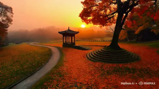 画面描述一一满地落叶，小路，天空，金色夕阳，广角真实拍摄，一棵老古树，小亭子，弯曲的石板台阶小路，满地的银杏树叶，平拍，晨雾，团，非常細节的描绘，秋天，秋色，摄影高清
负面描述一一雲霜，航拍，红色 by Hailuo AI Video Generator