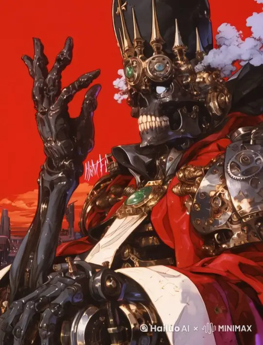 烟雾从骷髅头部飘散开，骷髅打着手势开口说话 by Hailuo AI Video Generator