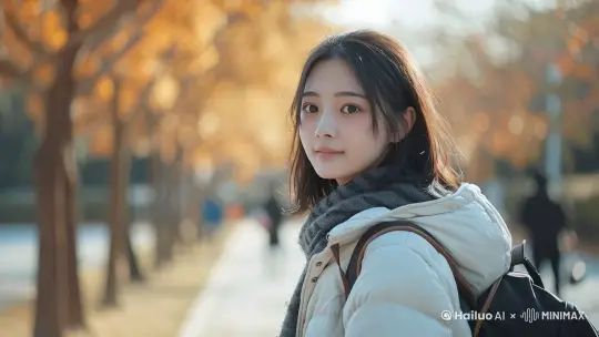 女孩绽开笑容，她抬起手，摸了摸头发。 by Hailuo AI Video Generator