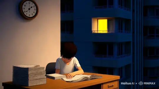 夜晚，寂静的小区高楼里，一户人家的窗户依旧亮着昏暗的灯光。拉进镜头看到一位男生，就伏在桌面上写着作业。他的手边是一张张已经做好的试卷和摊开的书籍。男孩麻木的转头看了一下墙上的时钟，镜头转到墙上，时钟显示已经晚上11点。男孩揉了揉太阳穴，疲惫不堪的趴在桌子上，垫着胳膊，小憩了一会。 by Hailuo AI Video Generator
