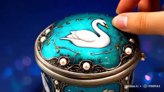 Ornate vintage music box animation sequence: Antique silver-blue jewelry box with intricate enamel work and pearl inlays opens slowly. Victorian-style filigree patterns on deep azure background. Inside reveals miniature ballerina  love couple figurines emerging gracefully. As lid reaches full extension, figures begin to spin in perfect synchronization to classical waltz melody. Soft focus on detailed metalwork, crystal-clear macro shots of mechanical movements. Figures cast delicate shadows as they rotate, their pristine white costumes catching light. Swan motif on lid creates ethereal backdrop. Camera slowly orbits around the scene, capturing the graceful dance from multiple angles. Dreamy atmosphere with subtle sparkles and bokeh effects. Inspired by classic fairytale aesthetics and vintage mechanical craftsmanship. 8K ultra-detailed, cinematic lighting emphasizes metallic textures and enamel work. by Hailuo AI Video Generator