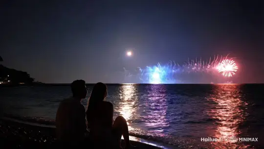 夜晚的海边，月亮挂在海面的正上空，一对情侣并肩坐在海边背对着镜头，这时远方放起了烟花，散开成天上的繁星和银河 by Hailuo AI Video Generator