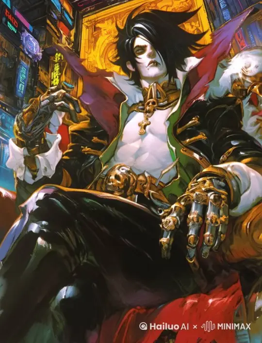 角色翘着二郎腿，面对镜头露出微笑，优雅，神秘 by Hailuo AI Video Generator