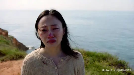 天气晴朗，多风的早上，一位皮肤细腻的亚洲女子、满脸疲惫中夹杂着坚毅目光的年轻长发女子，站在海边的悬崖边。机位：在女子的后上方拍摄女子和大海，缓慢移动到女子的侧位。风吹过女子的头发，露出脸上泪痕。机位回到女子后方。镜头拉到远处的海平面上，海平面处驶来一艘孤帆。 by Hailuo AI Video Generator