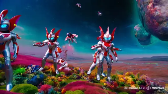很多超人力霸王在外星球打怪獸 by Hailuo AI Video Generator