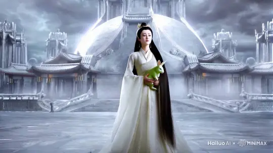 固定镜头∶以全景对准宁静的月宫。场景∶月宫中银白一片，清冷寂静，氛围神秘而幽美，画面以银白为主。细节：嫦娥身着华丽的广袖流仙裙，怀抱玉兔，站在宫殿前。她面容绝美却带着淡淡的忧愁，一头乌黑的长发随风飘动。嫦娥身上渐渐泛起柔和的光芒，然后她的身躯逐渐膨胀变大。渐渐的变成即将奔月的姿态，她轻轻踮起脚尖，身姿轻盈。光芒消散后向后拉镜头∶嫦娥身形优美，裙袂飘飘，眼神坚定地望向远方。动作转换自然流畅，充满神话色彩，超现实主义风格。 by Hailuo AI Video Generator