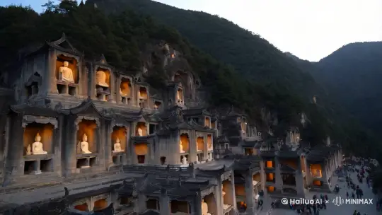 全景展现云冈石窟壮观景象，晨光初照，石窟群依山势而建，错落有致，佛像在晨光中渐渐清晰。 by Hailuo AI Video Generator