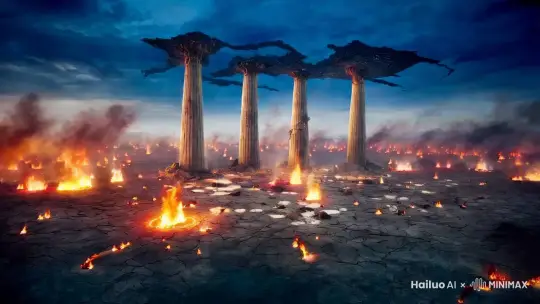 在远古时代，四根擎天大柱倾倒，九州大地裂毁，天不能覆盖大地，大地无法承载万物，大火蔓延不熄，洪水泛滥不止，凶猛的野兽吃掉善良的百姓，凶猛的禽鸟用爪子抓取老人和小孩。在这种情况下，女娲氏感到无比痛苦，决心拯救人类，于是炼就五色石来修补苍天，斩断鳌足来支撑四极，平治洪水，杀死猛兽，使人民得以安居。 by Hailuo AI Video Generator