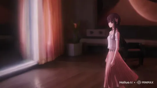 一个女孩走进镜子里，动漫，镜头跟随 by Hailuo AI Video Generator