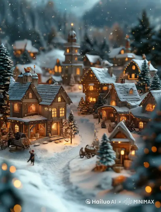 FPV shot flying through  snow-coverd small town into a cozy, warmly lit living room in the house, Style: surreal, dramatic. by Hailuo AI Video Generator