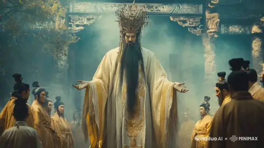 中间的男人往前走了两步，弯腰拜了拜，
两边的人，也跪下拜了拜 by Hailuo AI Video Generator