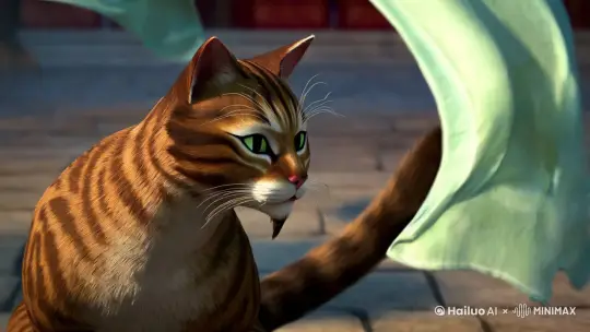 镜头慢慢推近，衣服随风舞动，猫武士随意看了旁边，然后眼睛紧盯着观众，轻微的呼吸着，尾巴上下动着，3D立体，国风，黑神话悟空风格，细节细腻，32k分辨率。 by Hailuo AI Video Generator